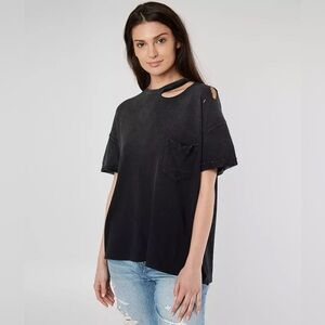 Free People We The Free Lucky Distressed Tee Black Oversized Boyfriend Fit Med